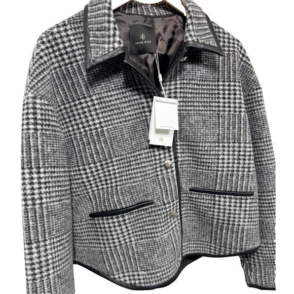 Anine Bing Camden Jacket Black and Grey Check Sz Sm Boss Faux Leather Trim NWT - Picture 2 of 15